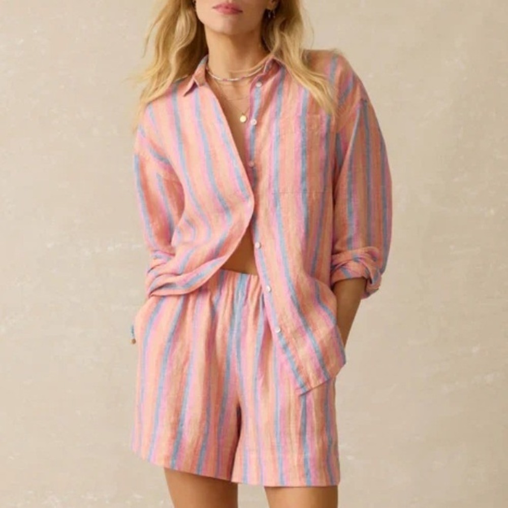 Faherty Laguna Linen Relaxed Shirt Pink Blue Orange Cabana Stripe Button Down M - Picture 2 of 10